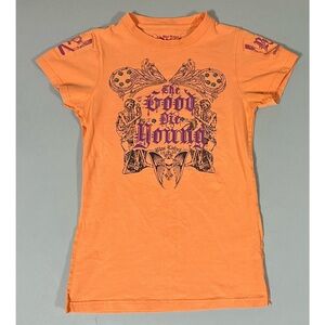 Blac Label Pink Orange Biker Y2K Tattoo Graphic Tee T-Shirt Top Blouse Size S 🧡✨